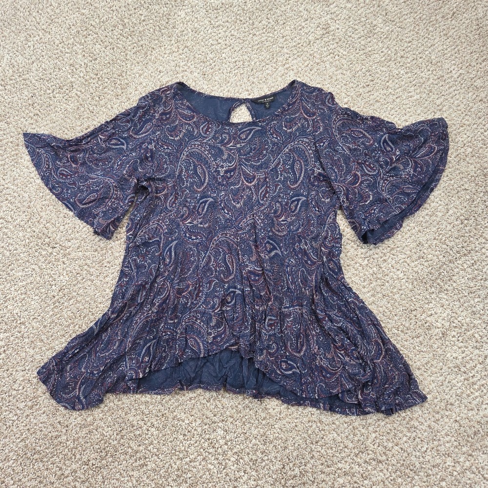 Lucky Brand Women's S Paisley Top Blue Short Flutter Sleeve Keyhole Back Blouse